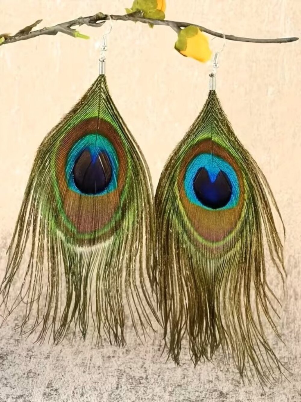 Boho Pea Rooster Artificial Peacock Feather Earrings Z2